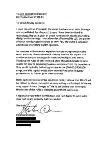 To: [removed] Re: File Number S7[removed]To Whom It May Concern:  I spent more than 25 years in the music business as an artist manager