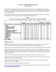 ANGUILLA’S CONSUMER PRICE INDEX February 2003 The monthly Consumer Price Index was taken in February in order to monitor the impact of the 1 percentage point increase in import duties across the board (surcharge), anno