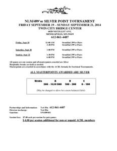 NLM/499’er SILVER POINT TOURNAMENT FRIDAY SEPTEMBER 19 – SUNDAY SEPTEMBER 21, 2014 TWIN CITY BRIDGE CENTER