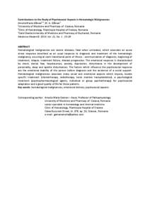 Contributions to the Study of Psychosocial Aspects in Hematologic Malignancies Amelia Maria Gãman1,2, M. A. Gãman3 1 University of Medicine and Pharmacy of Craiova, Romania 2 Clinic of Hematology, Filantropia Hospital 