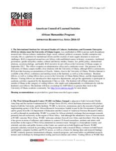 AHP Residential Sites[removed], page 1 of 3  American Council of Learned Societies African Humanities Program APPROVED RESIDENTIAL SITES[removed]