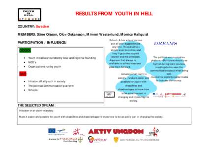RESULTS FROM YOUTH IN HELL COUNTRY: Sweden MEMBERS: Stine Olsson, Olov Oskarsson, Mimmi Westerlund, Monica Hallquist PARTICIPATION / INFLUENCE: GOOD: