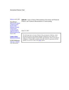 Djibouti: Letter of Intent, Memorandum of Economic and Financial Policies, and Technical Memorandum of Understanding; June 23, 2011