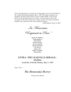 (Note: This information is a typed copy of what appears to be a special edition of the Leadville Herald dated Sunday, May 3, 1885. The fragile newspaper was brought to the Eagle Valley Library archives by Mary Baldo. A c