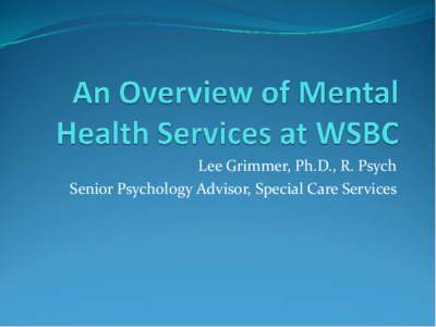 Lee Grimmer, Ph.D., R. Psych Senior Psychology Advisor, Special Care Services Mental Health Services Network @ WSBC Critical Incidence