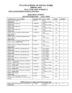 TULANE SCHOOL OF SOCIAL WORK SPRING 2015 FULL-TIME MSW SCHEDULE NOTE: CLASSES BEGIN TUESDAY, JANUARY 6  REQUIRED COURSES