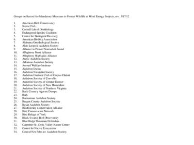 Groups on Record for Mandatory Measures to Protect Wildlife at Wind Energy Projects, rev[removed]. 4. 5.