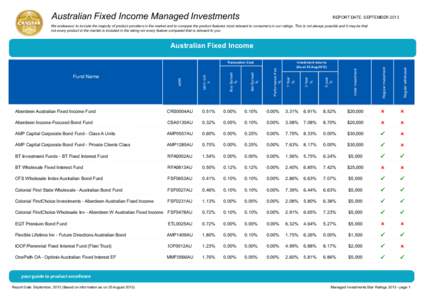 Australian Fixed Income Managed Investments  REPORT DATE: SEPTEMBER 2013 We endeavour to include the majority of product providers in the market and to compare the product features most relevant to consumers in our ratin