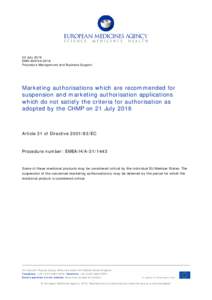 Marketing authorisations which are recommended for suspension and marketing authorisation applications which do not satisfy the criteria for authorisation as adopted by the CHMP on 21 July 2016