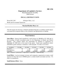 HB 1196 Department of Legislative Services Maryland General Assembly 2008 Session FISCAL AND POLICY NOTE House Bill 1196