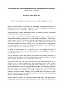 Third Meeting of States on Strengthening Compliance with International Humanitarian Law (IHL), Geneva, 30 June – 1 JulyStatement by Ireland, 30 June 2014