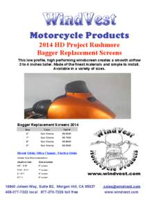 WindVest Motorcycle Products 2014 HD Project Rushmore Bagger Replacement Screens This low profile, high performing windscreen creates a smooth airflow 3 to 4 inches taller. Made of the finest materials and simple to inst