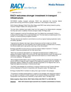 11 September[removed]RACV welcomes stronger investment in transport infrastructure