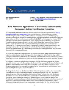 HHS Announces Appointment of New Public Members to the Interagency Autism Coordinating Committee