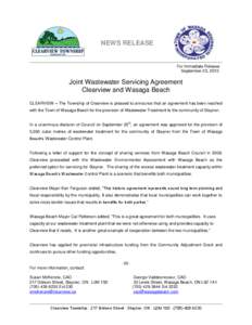NEWS RELEASE  For Immediate Release September 23, 2010  Joint Wastewater Servicing Agreement