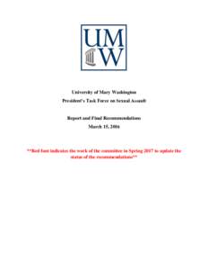 University of Mary Washington President’s Task Force on Sexual Assault Report and Final Recommendations March 15, 2016