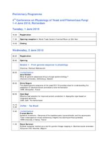 Preliminary Programme 4th Conference on Physiology of Yeast and Filamentous Fungi 1-4 June 2010, Rotterdam Tuesday, 1 June