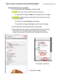 HOW TO CHECK FILE SIZE OF PHOTOS BEFORE SENDING  Carol Holaday © 2012 Check the file size on your computer. File size should be in MB (megabytes). Example 1.5MB
