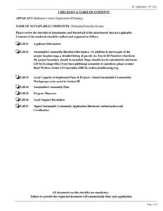 SC Application - FY[removed]CHECKLIST & TABLE OF CONTENTS APPLICANT: Baltimore County Department of Planning NAME OF SUSTAINABLE COMMUNITY: Hillendale/Parkville/Overlea Please review the checklist of attachments and furnis