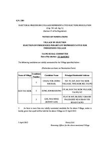 G.N[removed]ELECTORAL PROCEDURE (VILLAGE REPRESENTATIVE ELECTION) REGULATION (Cap. 541 sub. leg. L) (Section 15 of the Regulation) NOTICE OF NOMINATIONS