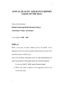 1  ANNUAL QUALITY ASSURANCE REPORT (AQAR) OF THE IQAC  Name of the Institution: