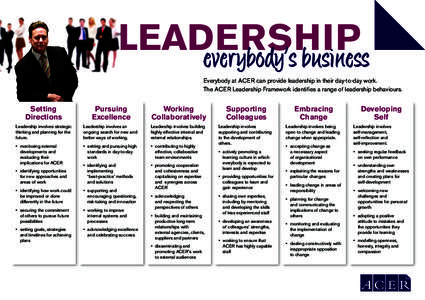 LEADERSHIP Everybody at ACER can provide leadership in their day-to-day work. The ACER Leadership Framework identifies a range of leadership behaviours. Setting Directions