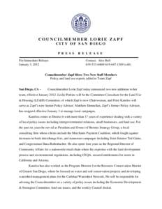 COUNCILMEMBER LORIE ZAPF CITY OF SAN DIEGO P R E S S For Immediate Release January 3, 2012