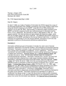 June 3, 2009  Thomas J. Alagna, CPA 6701 Penn Avenue South, Suite 200 Richfield, MN[removed]Re: FOIA Appeal dated May 5, 2008