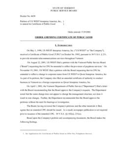 STATE OF VERMONT PUBLIC SERVICE BOARD Docket No[removed]Petition of US WEST Interprise America, Inc., ) to amend its Certificate of Public Good )