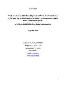 Review of  “Draft Conclusions of the Expert Agricultural Panel, Recommendations to the State Water Resources Control Board Pertaining to the Irrigated Lands Regulatory Program” In Fulfilment of SBX2 1 of the Californ