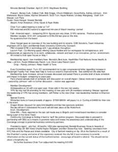 Minutes Bemidji Chamber, AprilMayflower Building Present:, Betsie Curb, Colleen Falk, Bob Griggs, Chuck Hildebrant, Dave Kloha, Ashley Johnson, Kirk Malkowski, Bryce Oakes, Mychal Stittsworth, Scott Turn, Kayla 