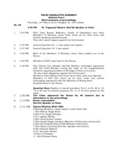 DELHI LEGISLATIVE ASSEMBLY Bulletin Part-I (Brief summary of proceedings) Thursday, 14th MarchPhalgun 25, 1934 (Saka) NoPM