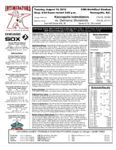 Tuesday, August 14, 2012 Susp[removed]Game restart 5:00 p.m. Chicago White Sox Baltimore Orioles  Kannapolis Intimidators