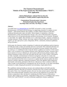 The Chemical Thermodynamic Module of The Expert System for Thermodynamics (“TEST”) Web Application Subrata Bhattacharjee, [removed] Christopher P. Paolini, [removed] Computational The