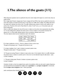 I.The silence of the goatsWhen Esperanto speakers want to specify the time of an event simply with respect to current time, they use simple tenses: Past: mangis (ate), Present: mangas (eat), Future: mangos (will e