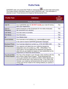 Profile Fields CalATERS users can access their Profile by clicking the icon from their work queue. The Profile contains information specific to each CalATERS user. This information is attached to each Travel Advance and 