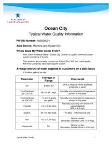 Ocean City Typical Water Quality Information PWSID Number: NJ0508001 Area Served: Mamora and Ocean City Where Does My Water Come From? New Jersey American Water - Ocean City Division is a public community water