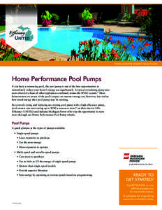 WHOLE-HOME ENERGY SOLUTIONS  Home Performance Pool Pumps If you have a swimming pool, the pool pump is one of the best opportunities to immediately reduce your home’s energy use significantly. A typical circulating pum