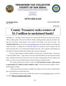 TREASURER-TAX COLLECTOR COUNTY OF SAN DIEGO COUNTY ADMINISTRATION CENTER  1600 PACIFIC HIGHWAY, ROOM 112 SAN DIEGO, CALIFORNIA  (  FAXwww.sdtreastax.com DAN McALLISTER