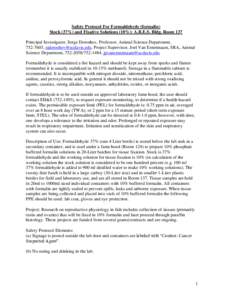 Safety Protocol For Formaldehyde (formalin) Stock (37%) and Fixative Solutions (10%): A.B.E.S. Bldg. Room 137 Principal Investigator, Serge Doroshov, Professor, Animal Science Department, [removed], [removed]