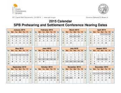 2015 Calendar SPB Prehearing and Settlement Conference Hearing Dates January 2015 February 2015