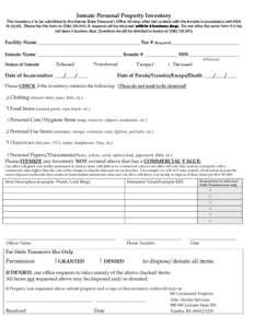 Inmate Personal Property Inventory This inventory is to be submitted to the Kansas State Treasurer’s Office 90 days after last contact with the Inmate in accordance with KSA 75-52,135. Please fax this form to
