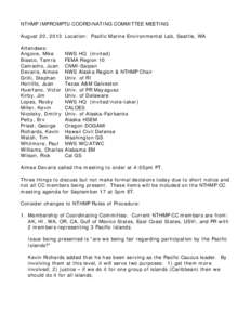NTHMP IMPROMPTU COORDINATING COMMITTEE MEETING August 20, 2013 Location: Pacific Marine Environmental Lab, Seattle, WA Attendees: Angove, Mike Biasco, Tamra Camacho, Juan
