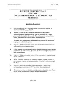 Vermont State Treasurer  July 21, 2006 REQUEST FOR PROPOSALS IN-STATE