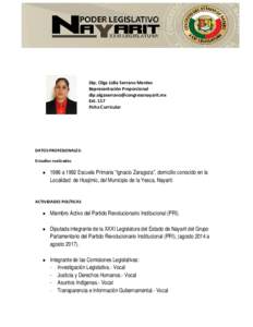 Dip. Olga Lidia Serrano Montes Representación Proporcional  Ext. 117 Ficha Curricular