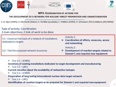 WP3:	
  COORDINATION	
  OF	
  ACTIONS	
  FOR	
  	
   THE	
  DEVELOPMENT	
  OF	
  A	
  NETWORK	
  FOR	
  NUCLEAR	
  TARGET	
  PREPARATION	
  AND	
  CHARACTERIZATION	
   C.-­‐O.	
  Bacri	
  (CNRS),	
 