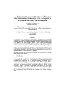 An Exploratory Study on Contributions of Information and Communication Technologies to the Development of eco-cultural Tourism in Central Kazakhstan A Guillaume Tiberghien a, and Vladimir Garkavenko a b a