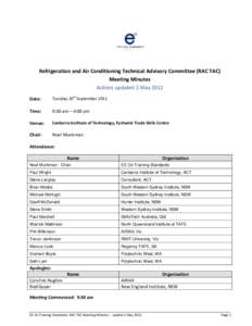 Refrigeration and Air Conditioning Technical Advisory Committee (RAC TAC) Meeting Minutes Actions updated 2 May 2012 Date:  Tuesday 20th September 2011