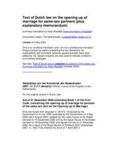 Text of Dutch law on the opening up of marriage for same-sex partners (plus explanatory memorandum)