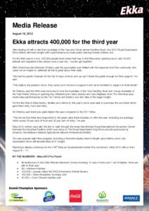 Media Release August 18, 2012 Ekka attracts 400,000 for the third year After kicking off with a visit from Australian of the Year and Oscar winner Geoffrey Rush, the 2012 Royal Queensland Show (Ekka) will close tonight w